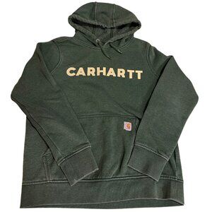 Carhartt Logo Pullover Hoodie Green Relaxed Fit Fleece Lined Small